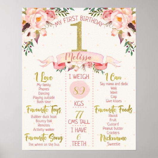 Girls Boho Floral 1st Birthday Milestone Poster (Voorkant)