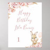 Girl's Boho Floral Bunny 1e Verjaardag teken Poster (Voorkant)