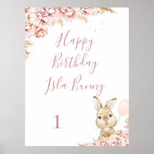 Girl's Boho Floral Bunny 1e Verjaardag teken Poster