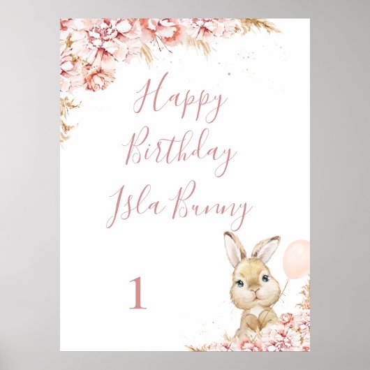 Girl's Boho Floral Bunny 1e Verjaardag teken Poster (Voorkant)