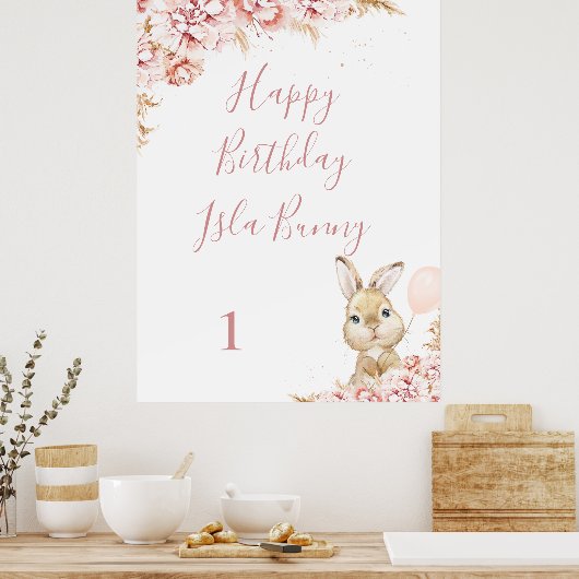 Girl's Boho Floral Bunny 1e Verjaardag teken Poster (Keuken)