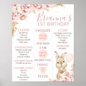 Girl's Boho Floral Bunny 1st Birthday Milestone Poster (Voorkant)