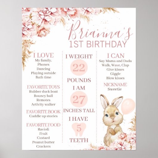 Girl's Boho Floral Bunny 1st Birthday Milestone Poster (Voorkant)