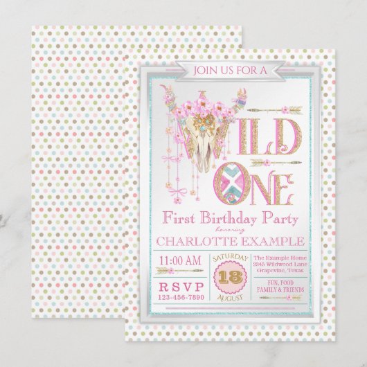 Girls Boho Wild One First Birthday Uitnodigingen (Voorkant / Achterkant)