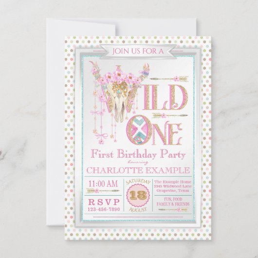 Girls Boho Wild One First Birthday Uitnodigingen (Voorkant)