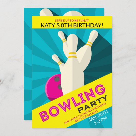 Girl's Bowling Birthday Party Invitation Kaart (Voorkant / Achterkant)