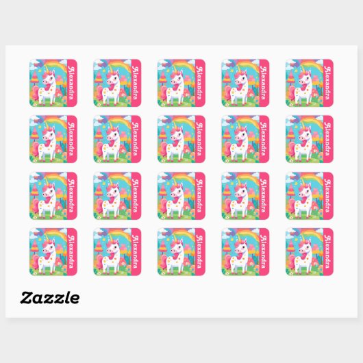 Girl's Bright Pink Schattige Unicorn Vierkante Sticker (Vel)