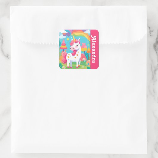 Girl's Bright Pink Schattige Unicorn Vierkante Sticker (Tas)