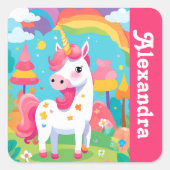 Girl's Bright Pink Schattige Unicorn Vierkante Sticker (Voorkant)