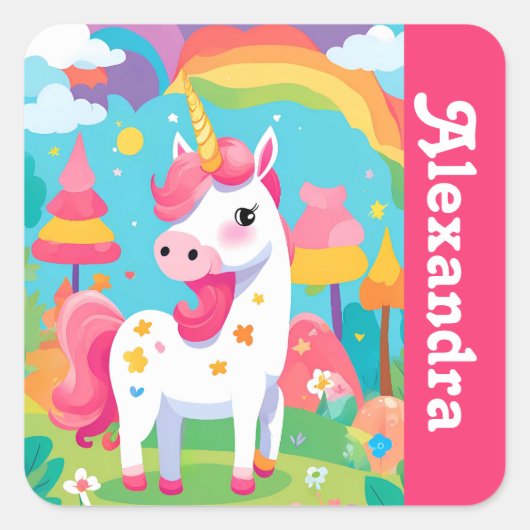 Girl's Bright Pink Schattige Unicorn Vierkante Sticker (Voorkant)