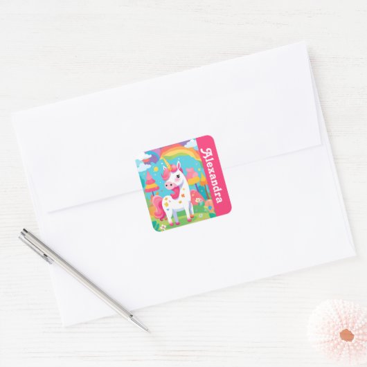 Girl's Bright Pink Schattige Unicorn Vierkante Sticker (Envelop)