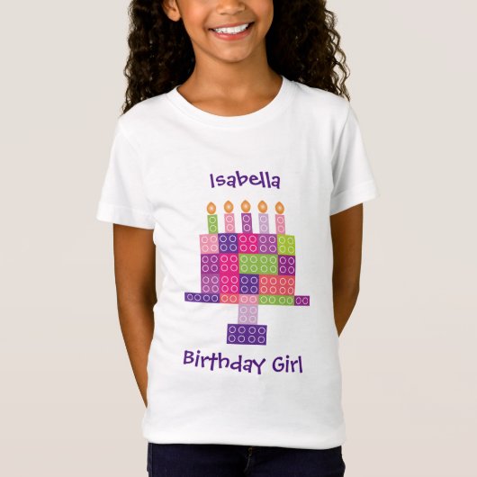 Girl's Building Bricks Blokken Birthday Cake T-shirt (Voorkant)