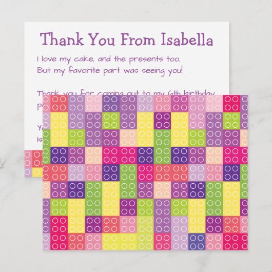 Girl's Building Bricks Blokken Verjaardag Bedankt Briefkaart (Voorkant / Achterkant)