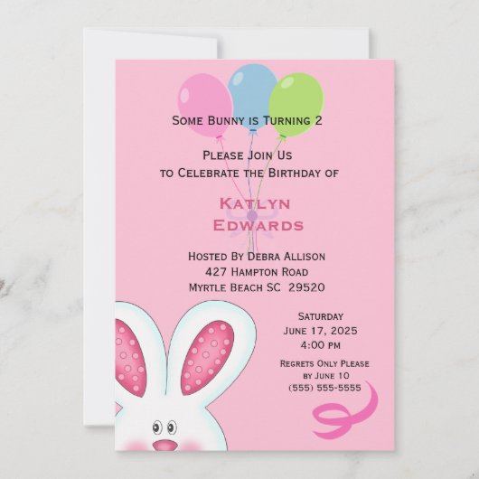 Girls Bunny Rabbit Birthday Invitation Kaart (Voorkant)