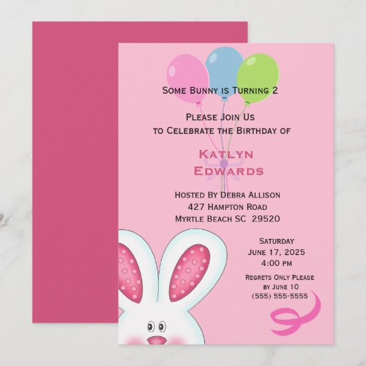 Girls Bunny Rabbit Birthday Invitation Kaart (Voorkant / Achterkant)