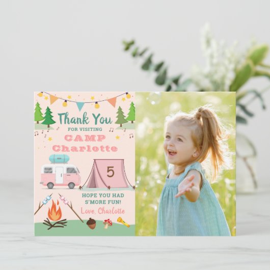 Girls Camping Birthday Camp Foto Bedankkaart (Staand voorkant)