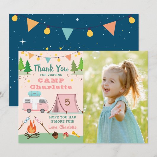 Girls Camping Birthday Camp Foto Bedankkaart (Voorkant / Achterkant)
