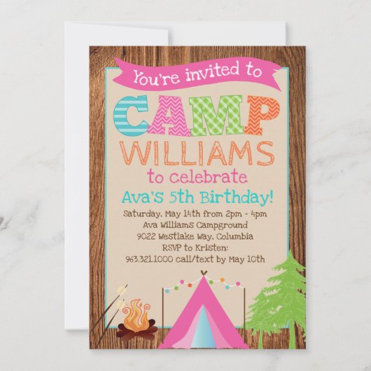 Girls Camping Birthday Party Invitation Kaart (Voorkant)