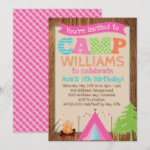 Girls Camping Birthday Party Invitation Kaart (Voorkant / Achterkant)