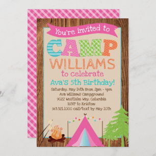 Girls Camping Birthday Party Invitation Kaart