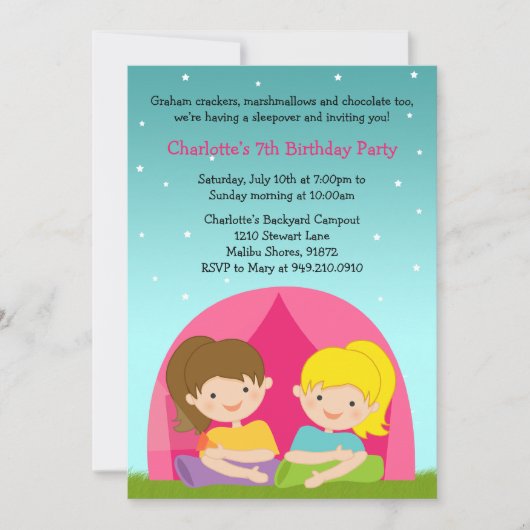 Girls Camping Birthday Party Invitation Kaart (Voorkant)