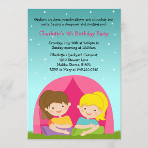 Girls Camping Birthday Party Invitation Kaart