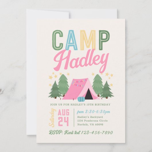 Girl's Camping Uitnodiging Verjaardag (Voorkant)