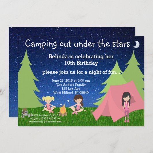 Girls Camping Verjaardag Uitnodiging (Voorkant / Achterkant)