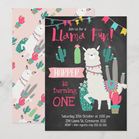 Girls Chalkboard Llama Fun Birthday Invitation Kaart (Voorkant / Achterkant)