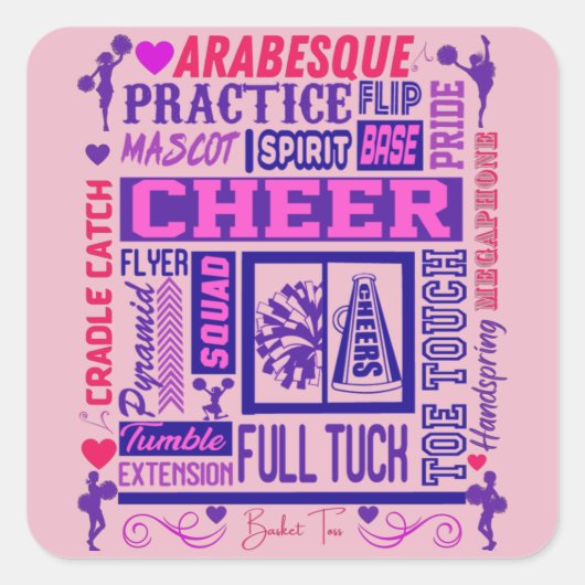 Girls Cheerlead Paarse Typografie Vierkante Sticker (Voorkant)