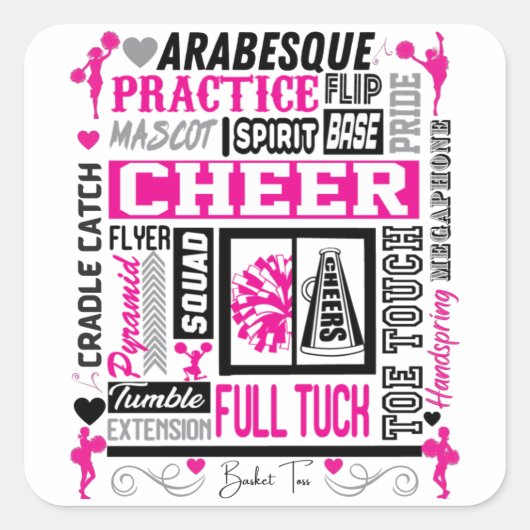 Girls Cheerlead Typography in Black and Pink Vierkante Sticker (Voorkant)
