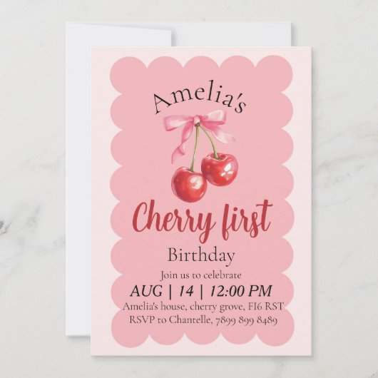 Girls Cherry First Birthday invitation  Kaart (Voorkant)
