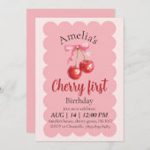 Girls Cherry First Birthday invitation  Kaart (Voorkant / Achterkant)