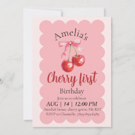 Girls Cherry First Birthday invitation  Kaart
