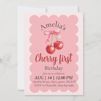 Girls Cherry First Birthday invitation  Kaart