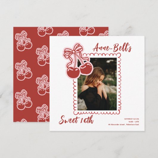 Girls Cherry Sweet 16th Birthday Invitation Kaart (Voorkant / Achterkant)