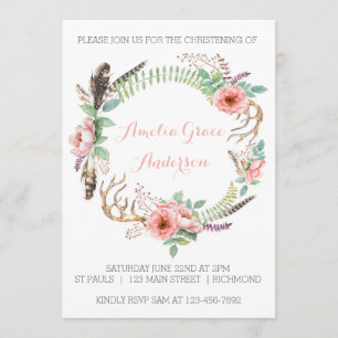Girls Christening Invitation - Roze Floral Kaart