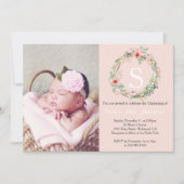 Girls Christening Invitation - Roze Wreath Kaart (Voorkant)