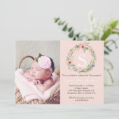 Girls Christening Invitation - Roze Wreath Kaart (Staand voorkant)