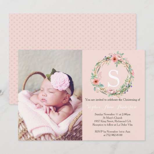 Girls Christening Invitation - Roze Wreath Kaart (Voorkant / Achterkant)
