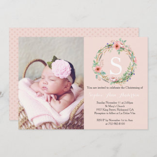 Girls Christening Invitation - Roze Wreath Kaart