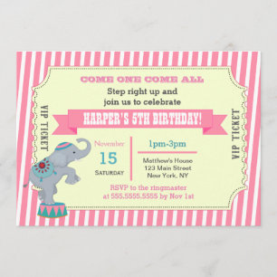 Girls Circus Carnival Ticket Birthday Invitation Kaart