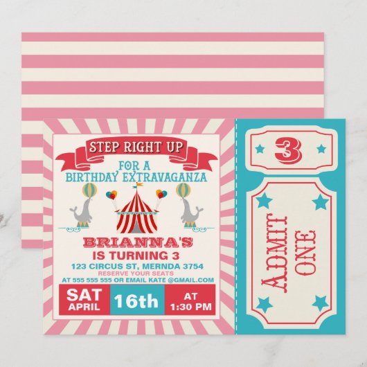 Girls Circus Ticket Birthday Party Invitation Kaart (Voorkant / Achterkant)