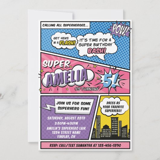 Girls Comic Book Style Superheld Birthday Party Kaart (Voorkant)