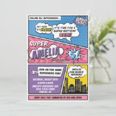Girls Comic Book Style Superheld Birthday Party Kaart (Staand voorkant)