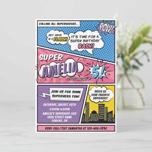 Girls Comic Book Style Superheld Birthday Party Kaart (Staand voorkant)