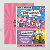 Girls Comic Book Style Superheld Birthday Party Kaart (Voorkant / Achterkant)