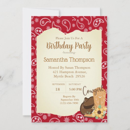 Girls Cowboy Birthday Red Bandana Sunflower Kaart (Voorkant)