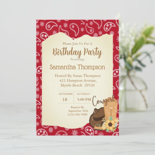 Girls Cowboy Birthday Red Bandana Sunflower Kaart (Staand voorkant)