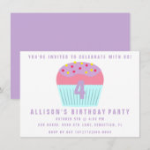 Girls Cupcake Four 4th Birthday Party Invite Kaart (Voorkant / Achterkant)
